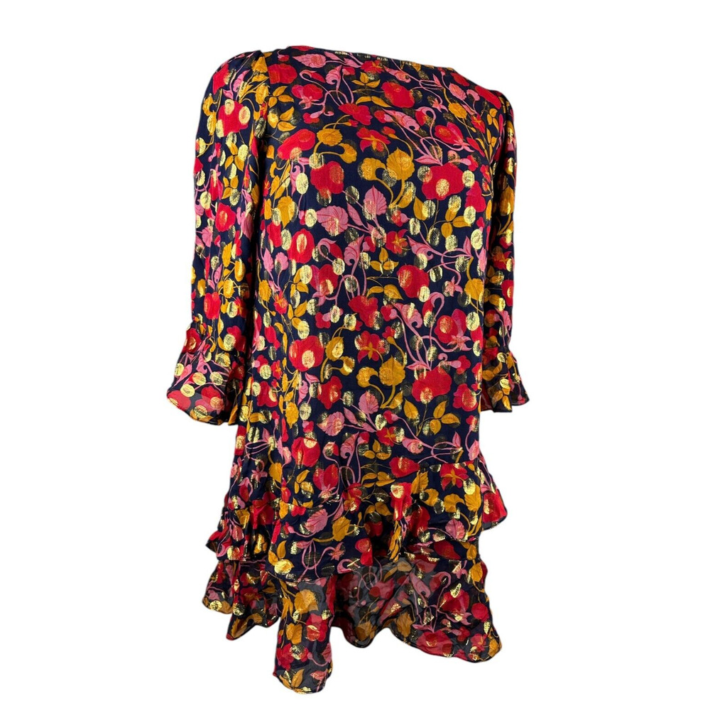 Saloni Polka Dot Marissa Mini Dress Ruffle Floral Metallic Silk Blend Size 8 - Picture 11 of 16